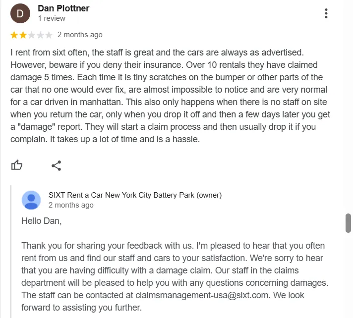 Car rental negative review