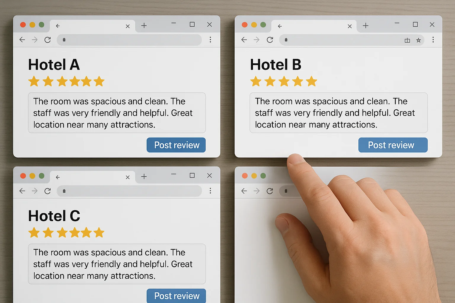  identical reviews across multiple listings 