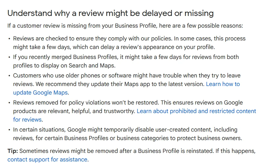 Google’s official guidance on missing reviews