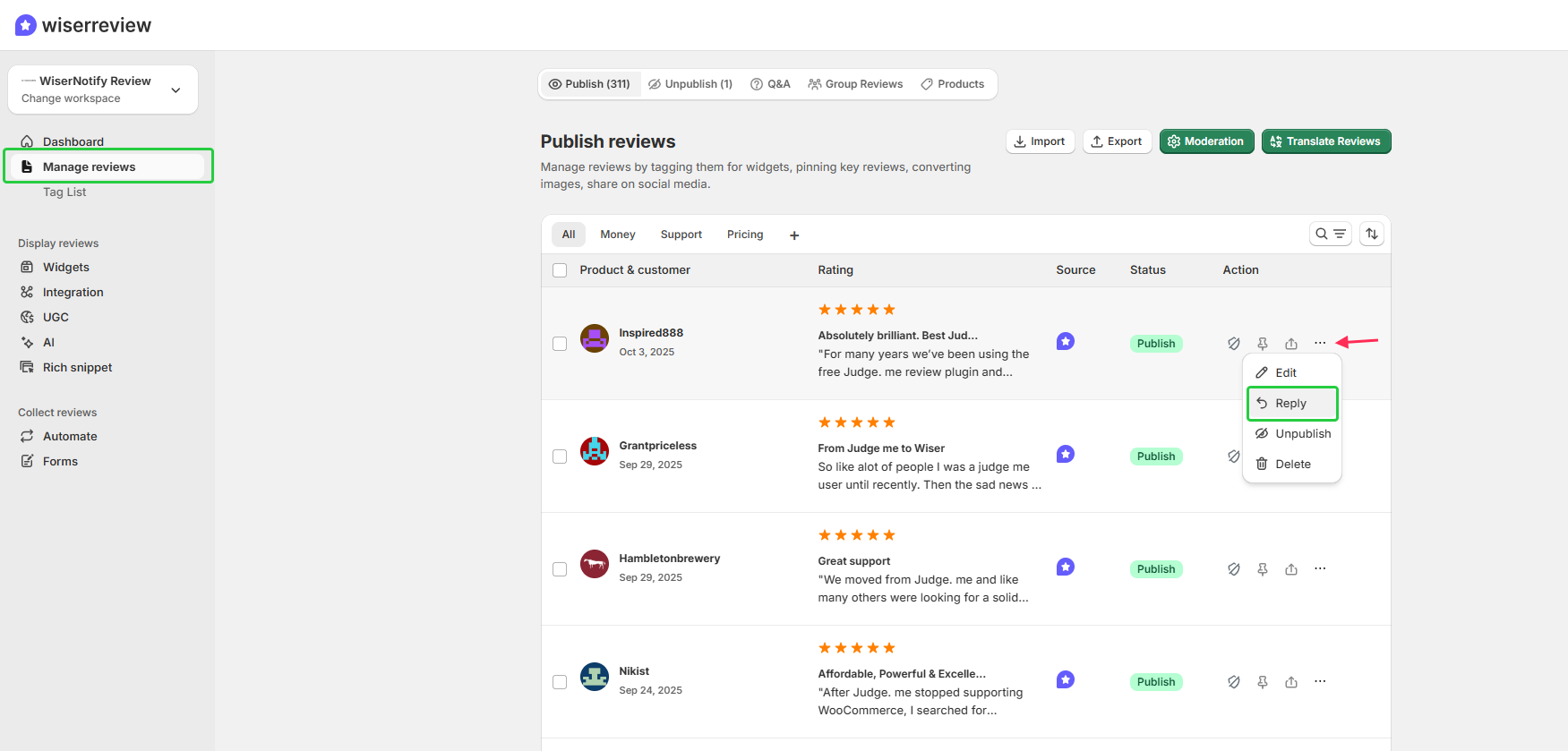 Respond to Google reviews via WiserReview 