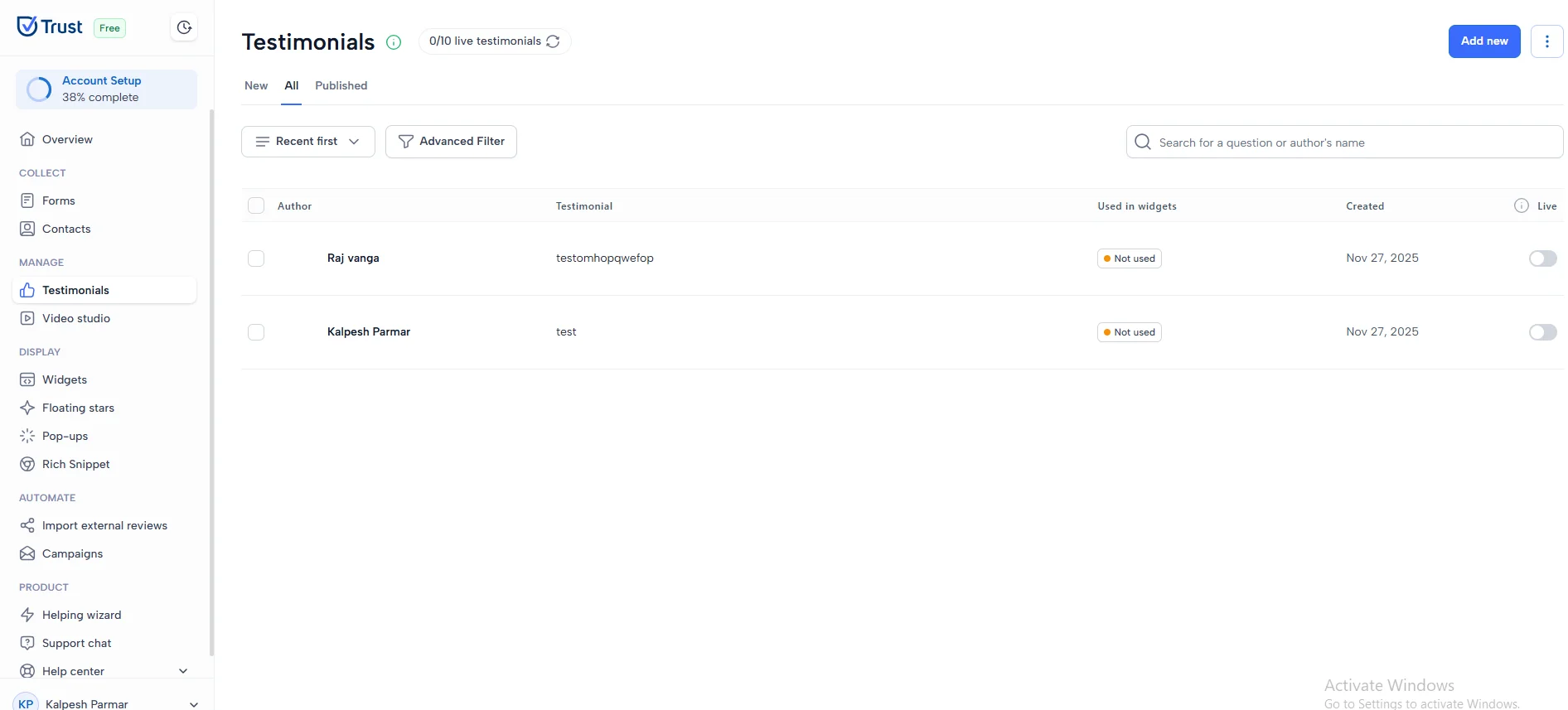 UseTrust Testimonial Management
