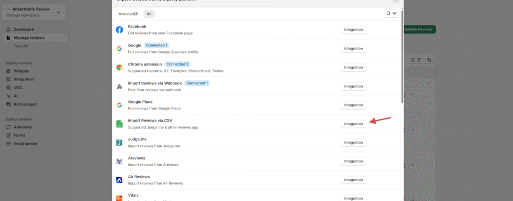 import reviews using WiserReview 