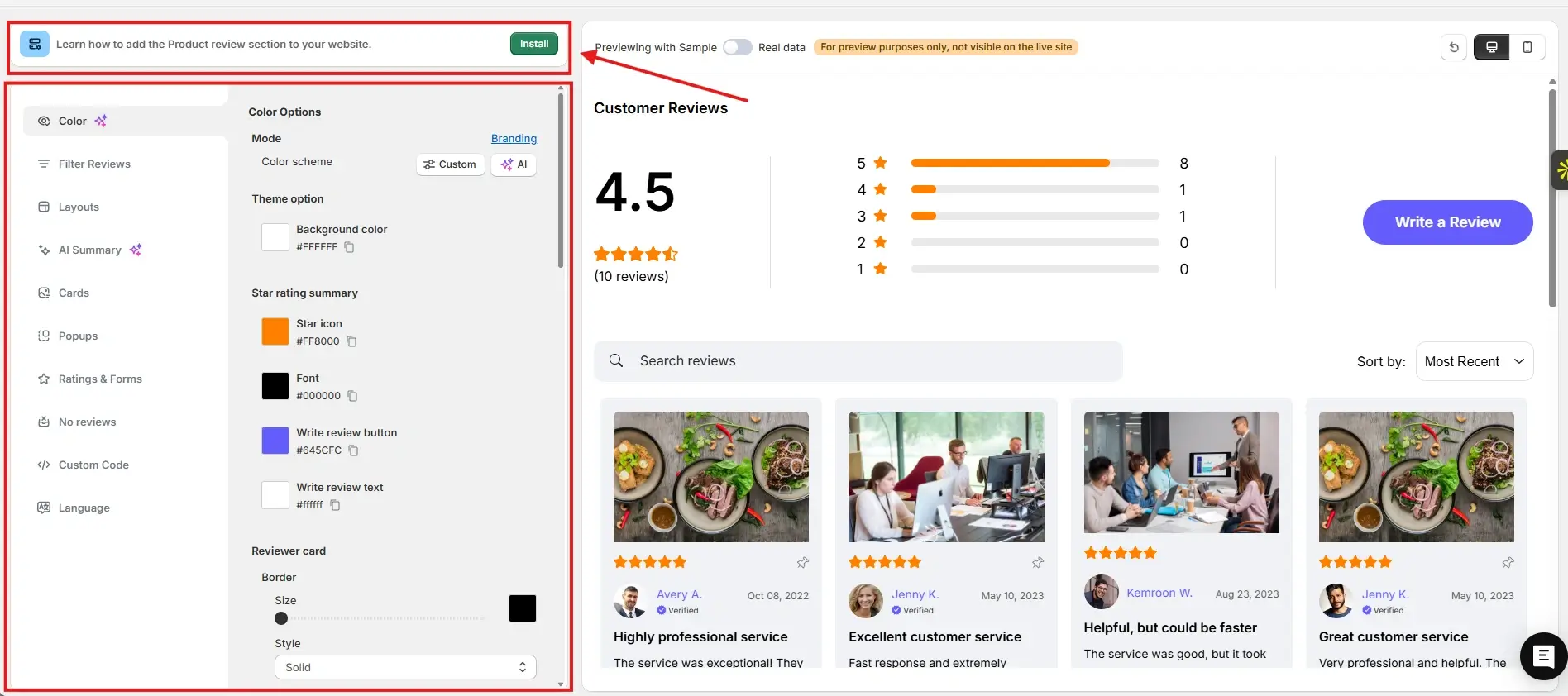 Product review widget customization