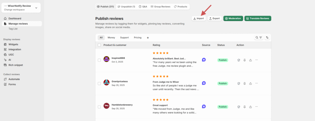 Import existing reviews