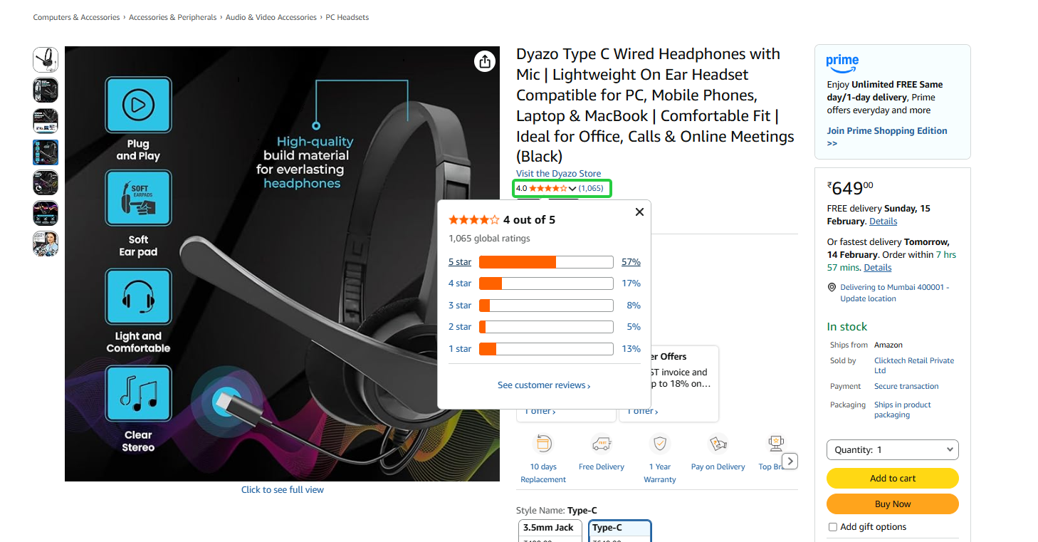 Star ratings and review count displayed above the fold on product page