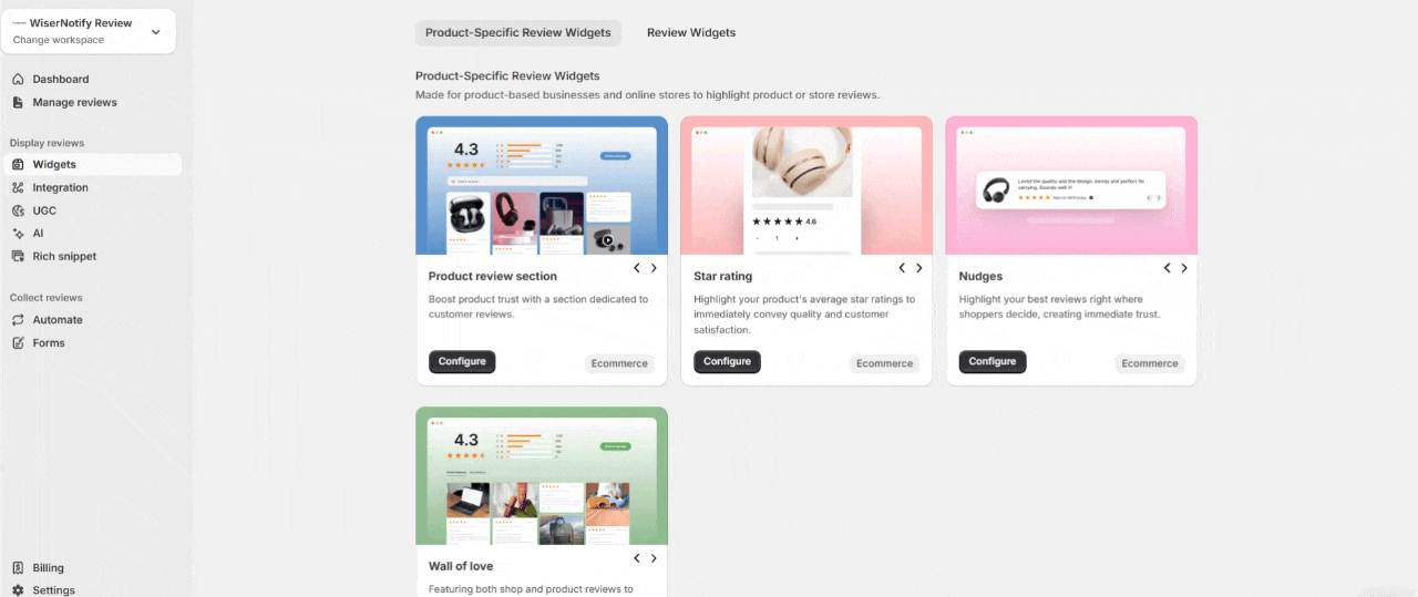 WiserReview widget settings showing product filter and rating configuration