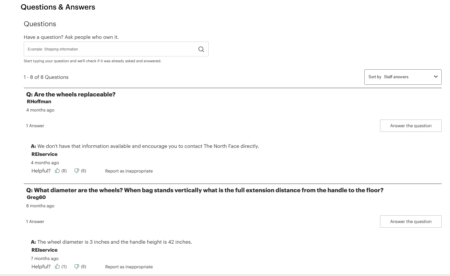 REI Questions and Answers section alongside product reviews