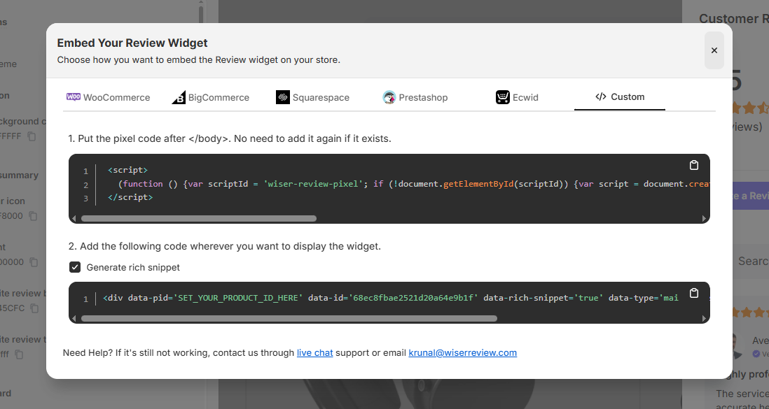 WiserReview widget install with embed code instructions