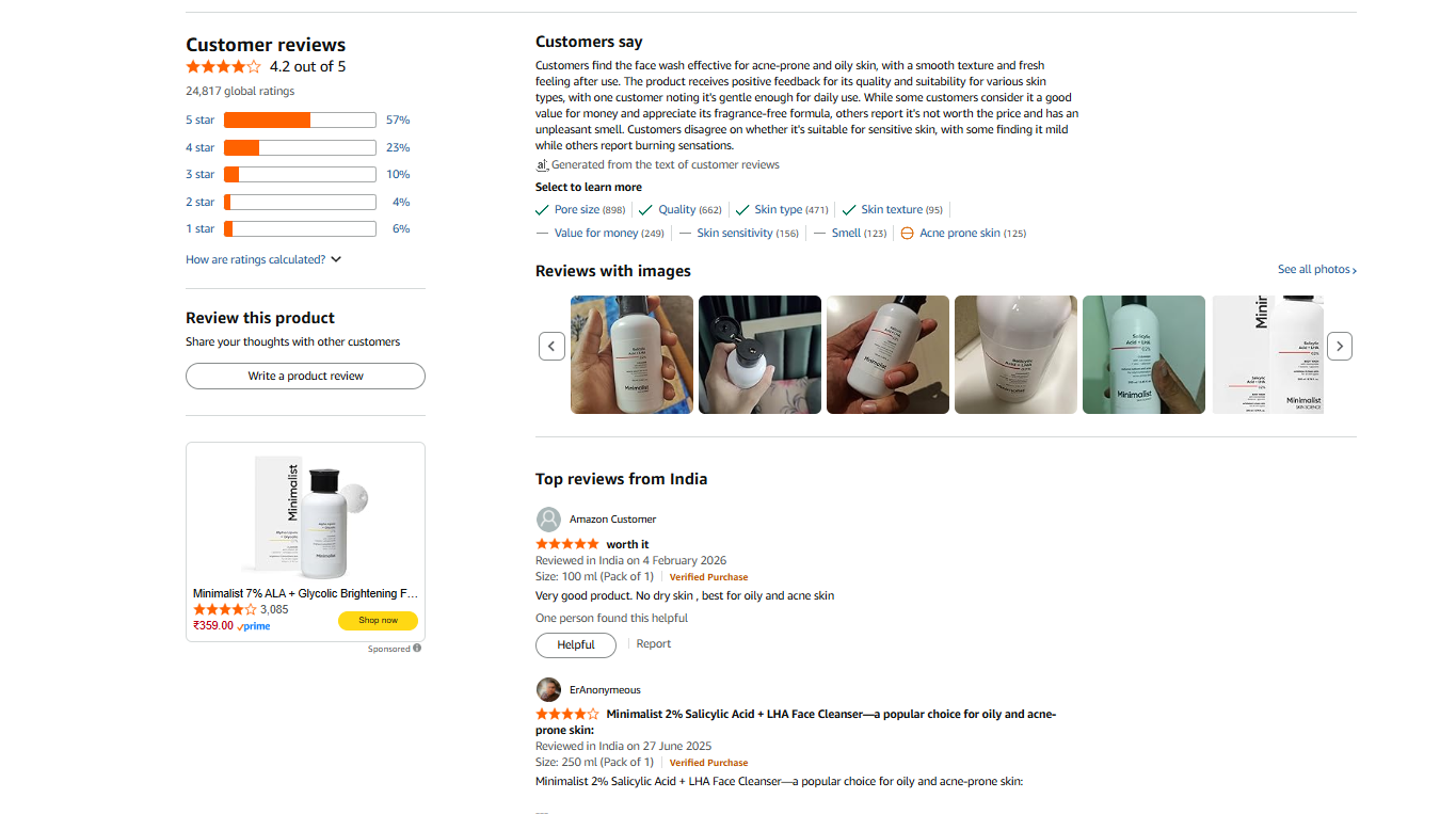 Full review section below product details with filters and search